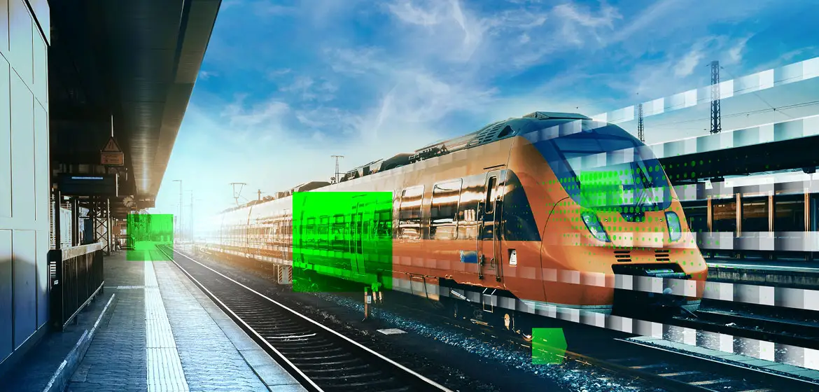 Moderner Hochgeschwindigkeitszug im futuristischen Bahnhof mit innovativer Architektur und dynamischer Bewegung.